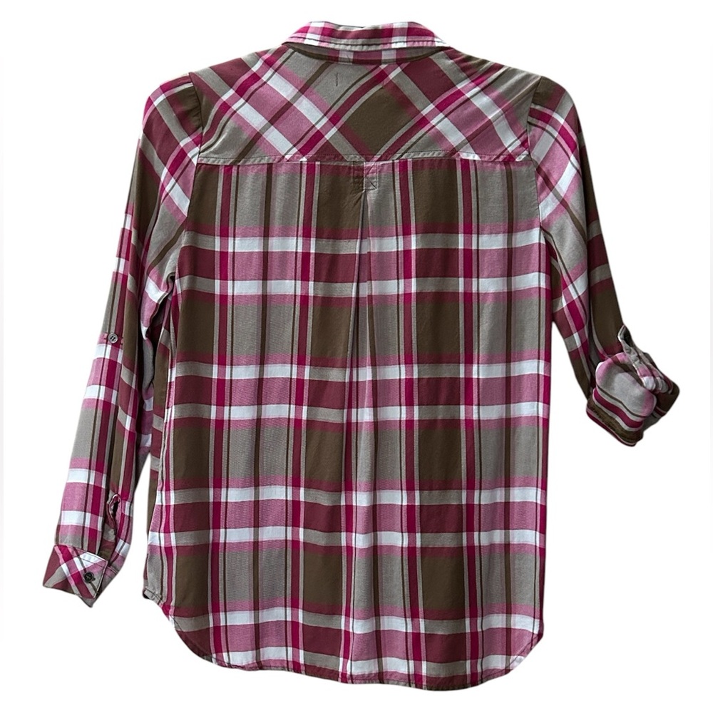 KUT From The Kloth Pink Brown Plaid Hannah Roll Tab Sleeve Button Shirt Size S - Picture 4 of 11